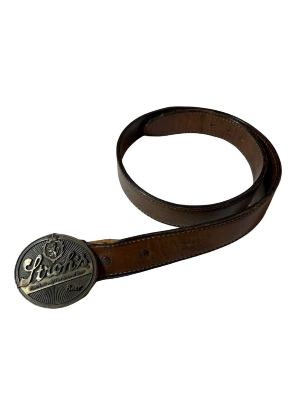 Vintage Stroh’s Beer Solid Brass Buckle Brown Leather Belt 36 USA First Edition